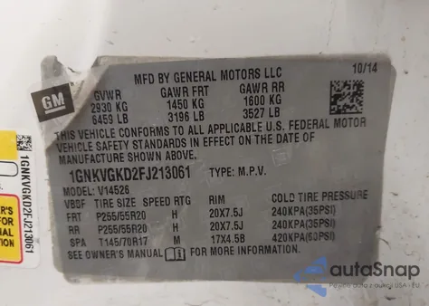 2015 Chevrolet Traverse 1Lt from USA, damaged, VIN 1GNKVGKD2FJ213061